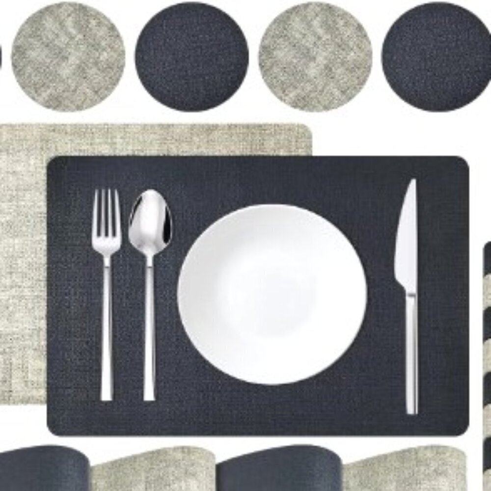 NEW 4 FAUX LEATHER PLACEMATS & COASTERS REVERSIBLE HEAT-RESISTANT BLACK & GRAY